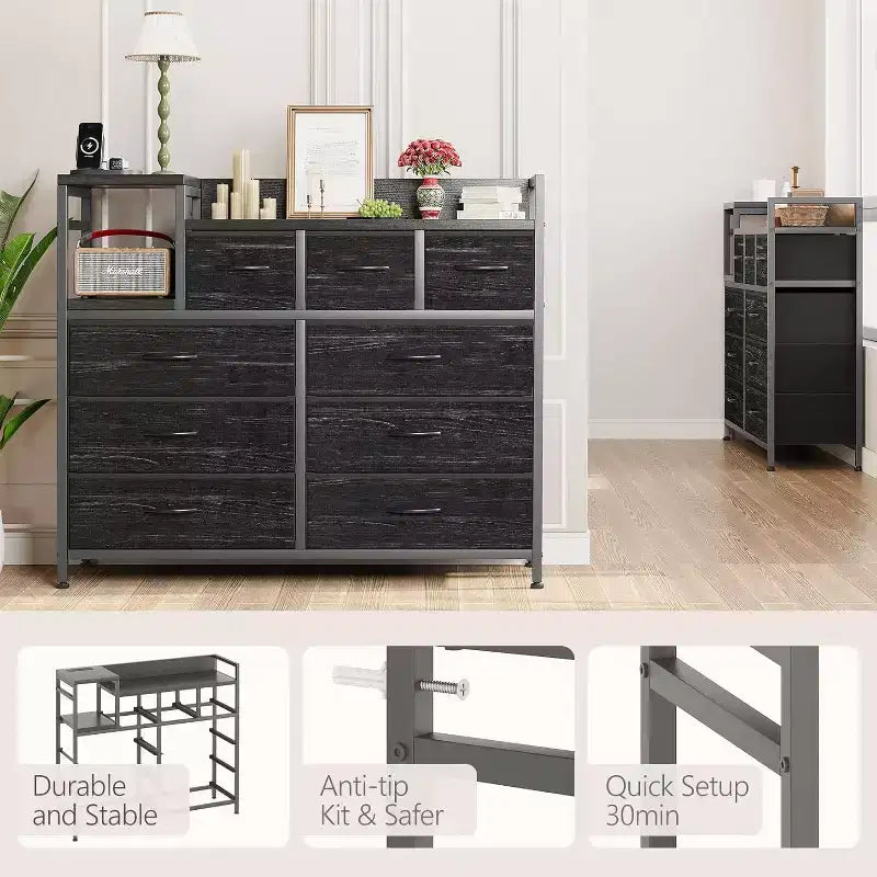 9-Drawer Storage Dresser with Charging Station