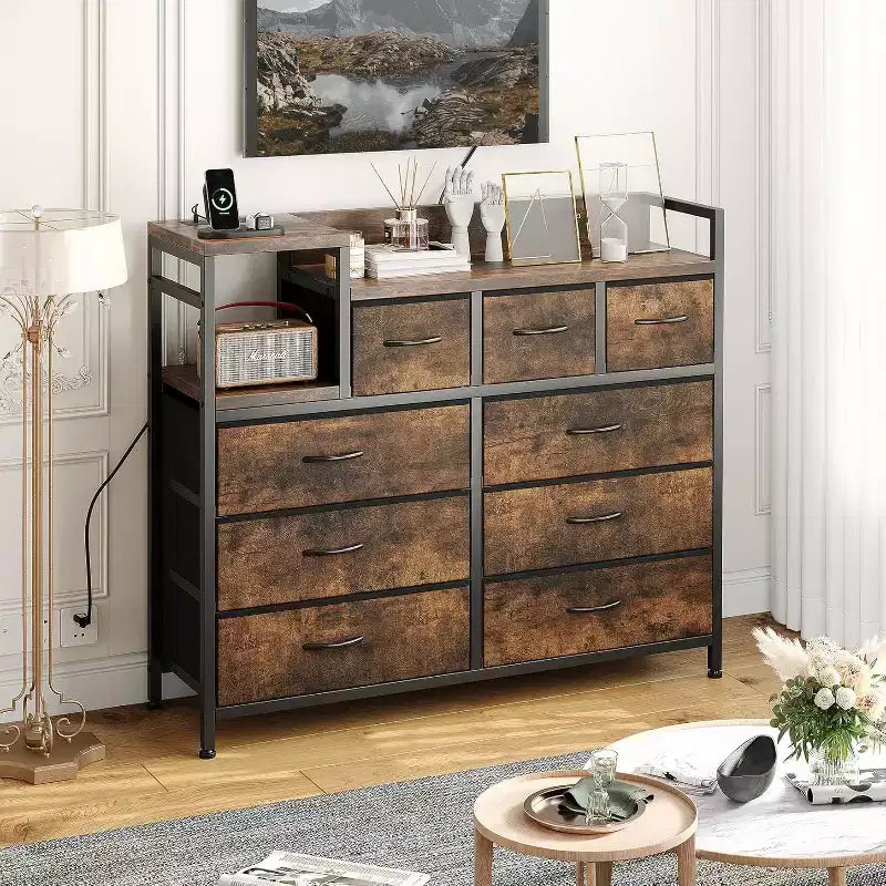 9-Drawer Storage Dresser with Charging Station