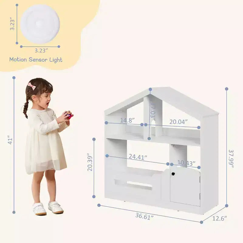 Kids Bookshelf with Motion Sensor Light, Wooden Toy Storage Organizer, House-Shaped Bookcase