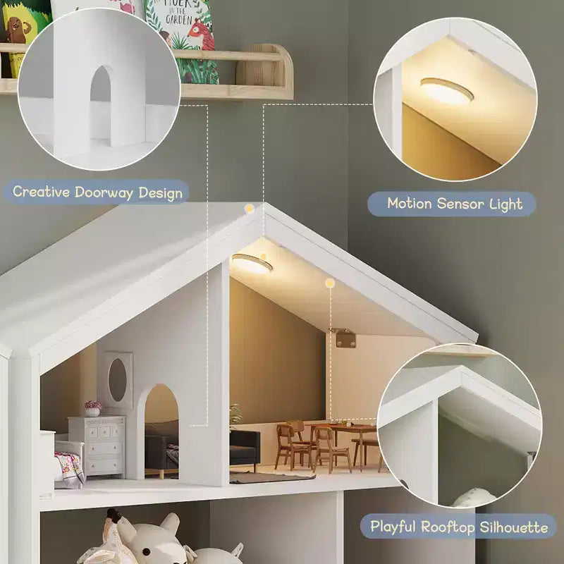Kids Bookshelf with Motion Sensor Light, Wooden Toy Storage Organizer, House-Shaped Bookcase