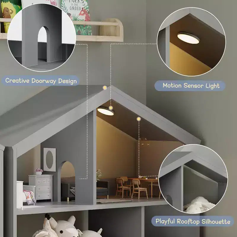 Kids Bookshelf with Motion Sensor Light, Wooden Toy Storage Organizer, House-Shaped Bookcase
