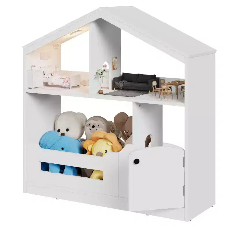 Kids Bookshelf with Motion Sensor Light, Wooden Toy Storage Organizer, House-Shaped Bookcase