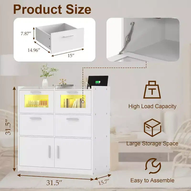 White Dresser with LED Lights & Charging Station