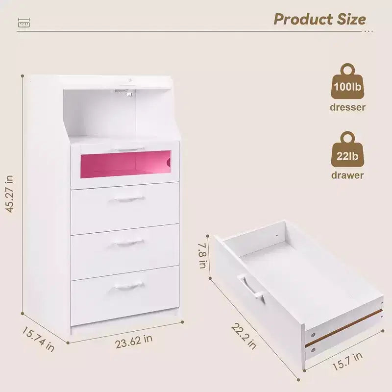 White Dresser with LED Lights & Charging Station