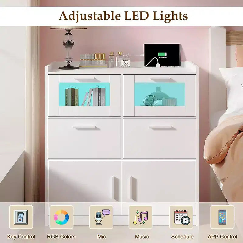 White Dresser with LED Lights & Charging Station