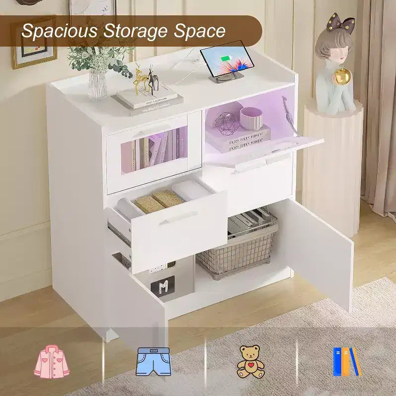 White Dresser with LED Lights & Charging Station