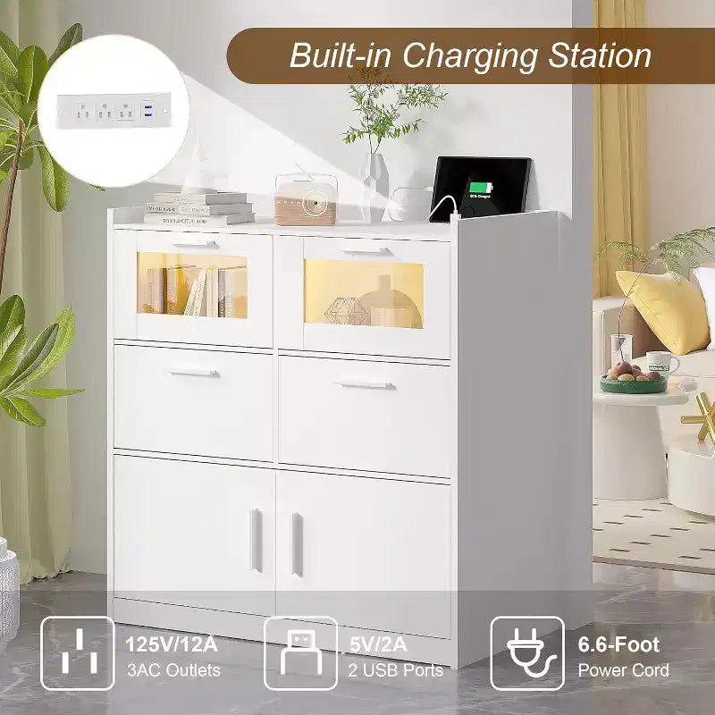 White Dresser with LED Lights & Charging Station