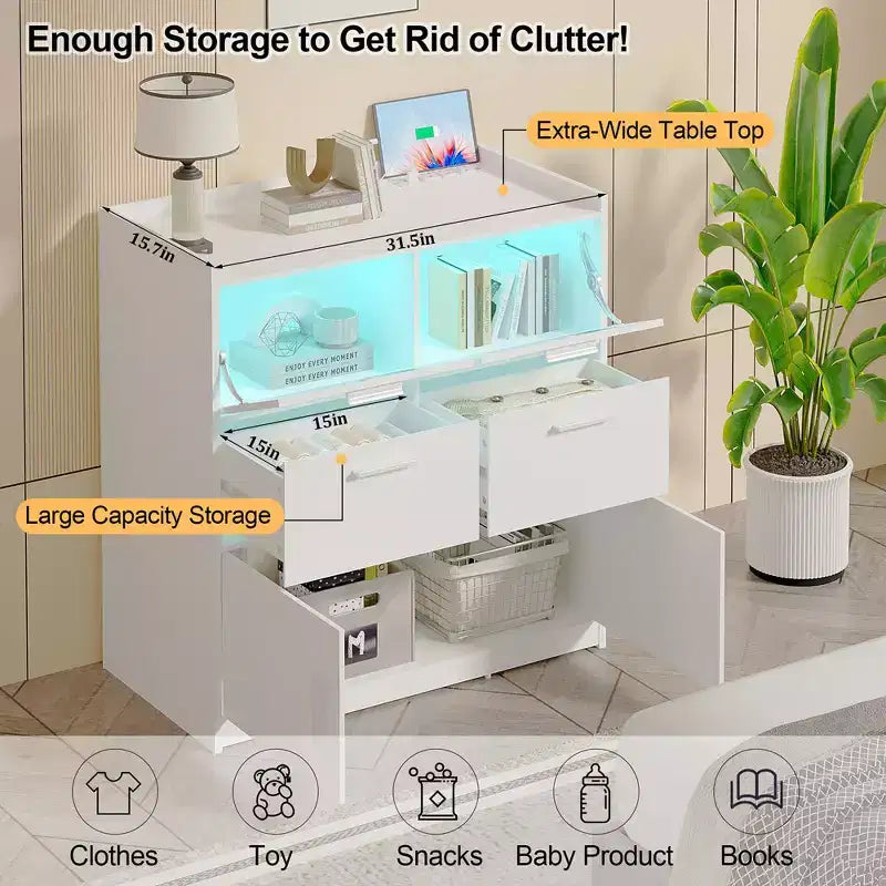 White Dresser with LED Lights & Charging Station