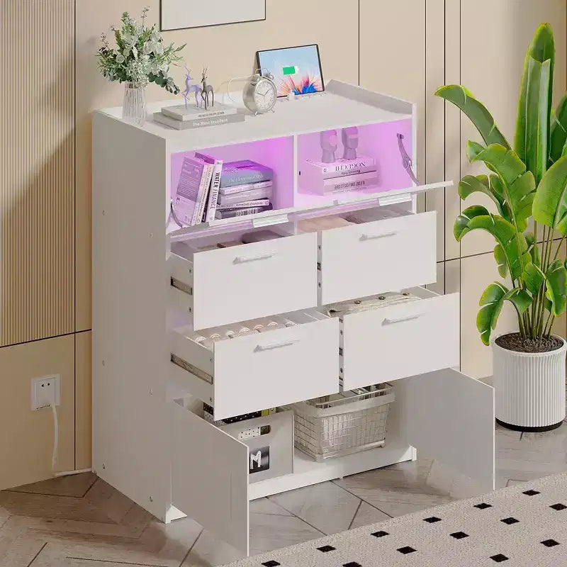 White Dresser with LED Lights & Charging Station