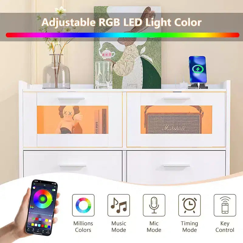 White Dresser with LED Lights & Charging Station