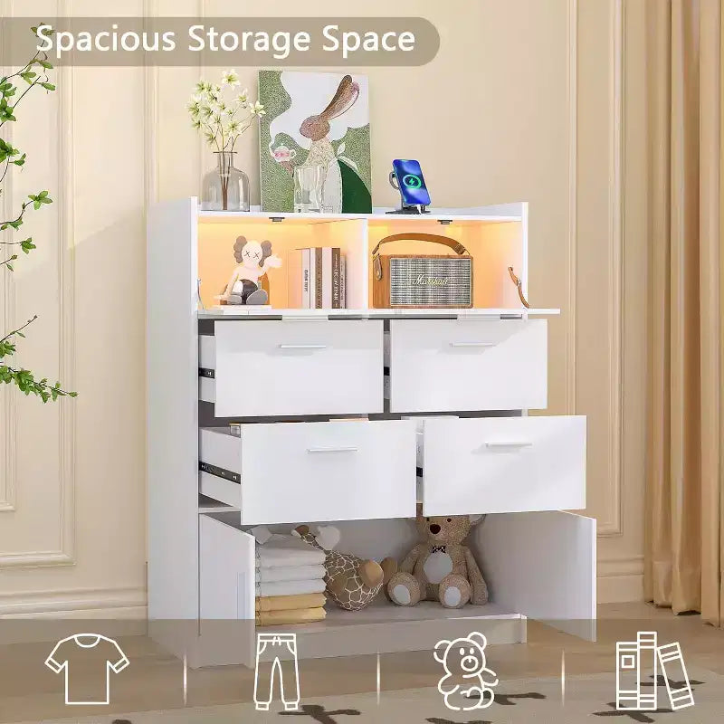 White Dresser with LED Lights & Charging Station
