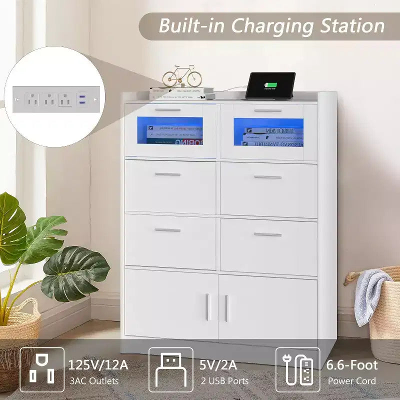 White Dresser with LED Lights & Charging Station