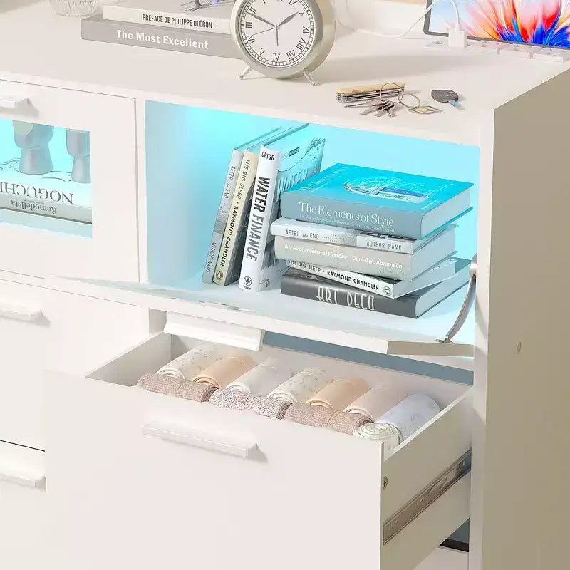 White Dresser with LED Lights & Charging Station