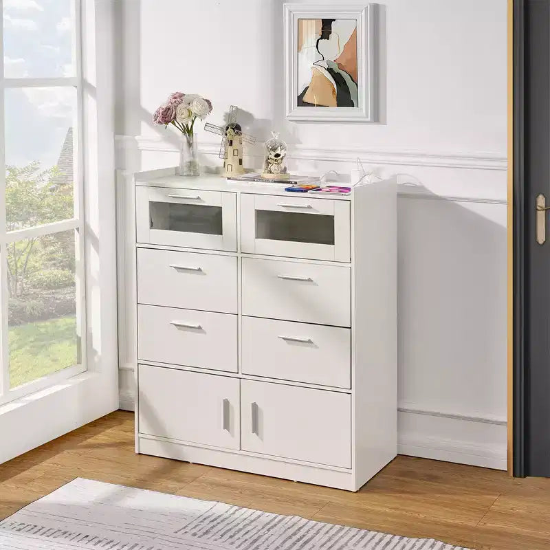 White Dresser with LED Lights & Charging Station