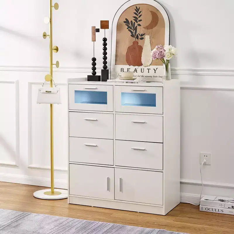 White Dresser with LED Lights & Charging Station