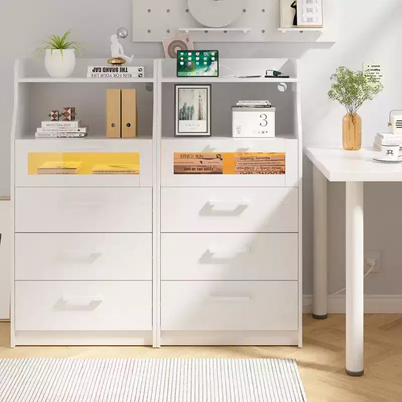 White Dresser with LED Lights & Charging Station