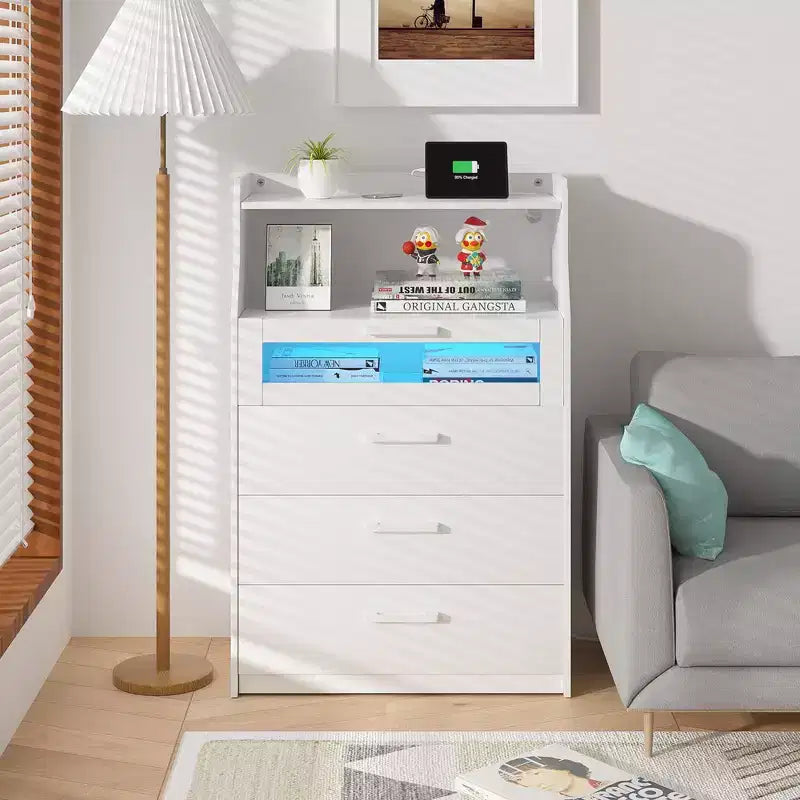 White Dresser with LED Lights & Charging Station