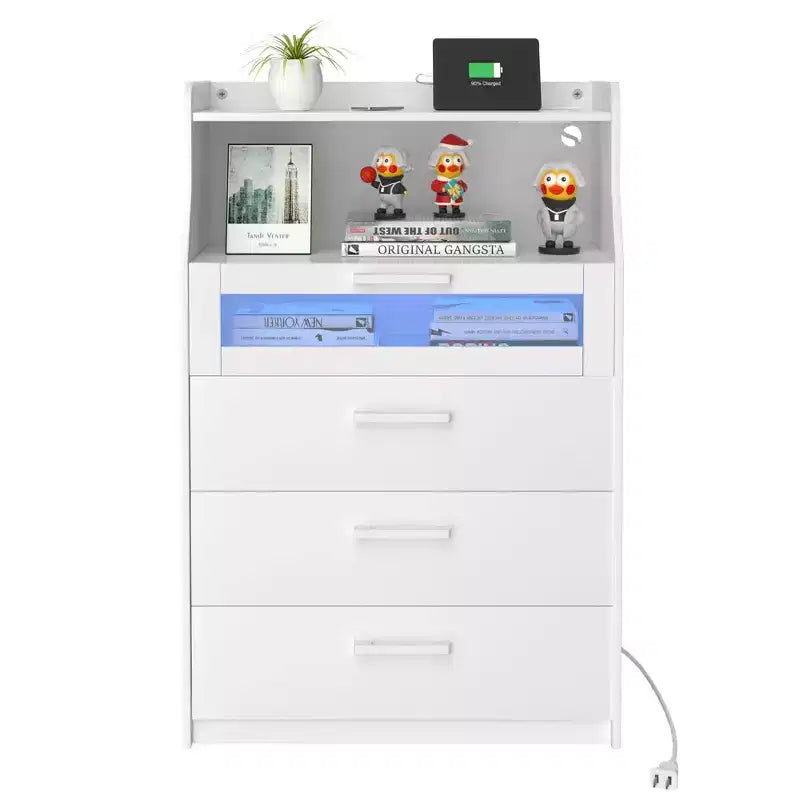 White Dresser with LED Lights & Charging Station