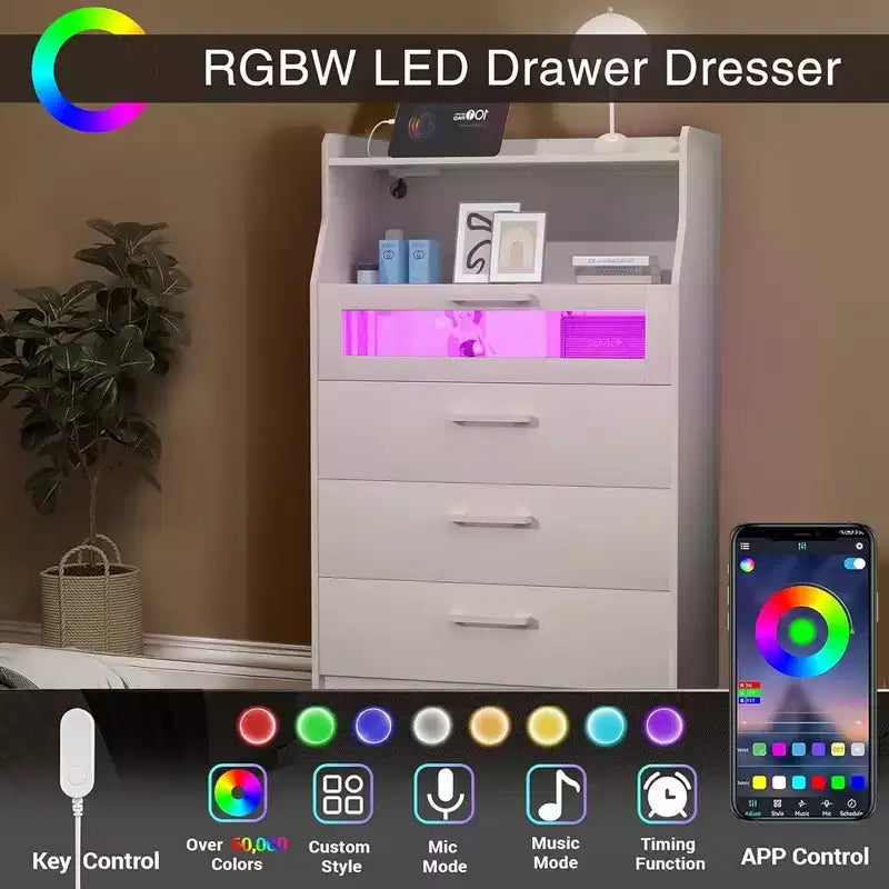 White Dresser with LED Lights & Charging Station