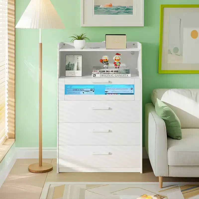 White Dresser with LED Lights & Charging Station