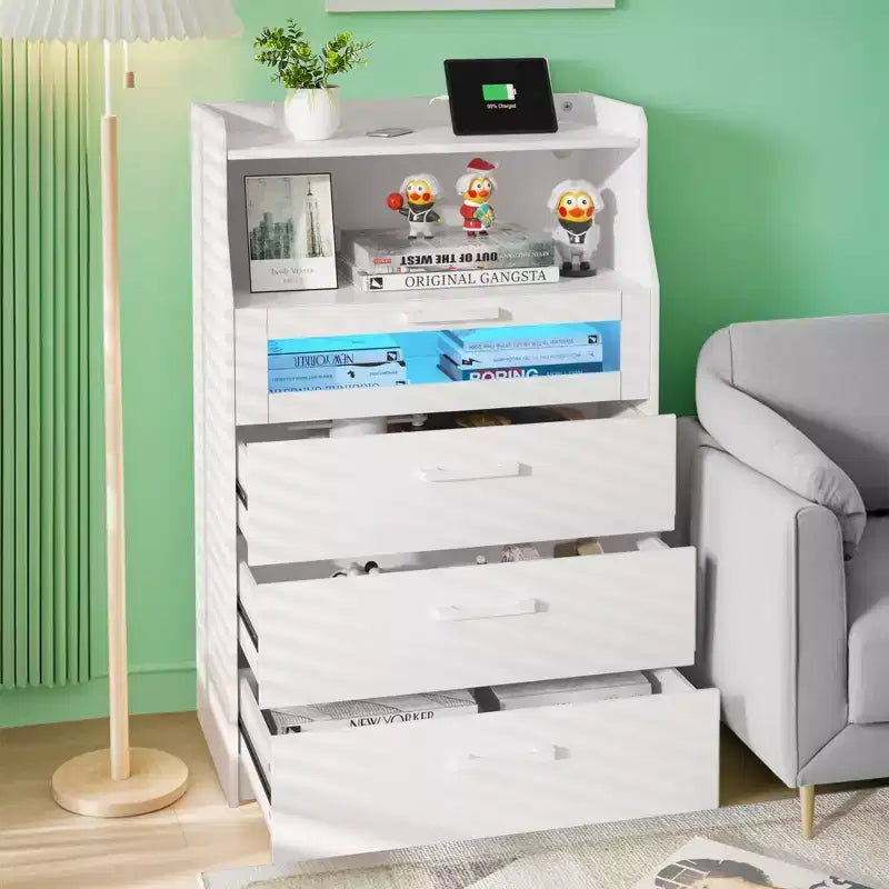 White Dresser with LED Lights & Charging Station