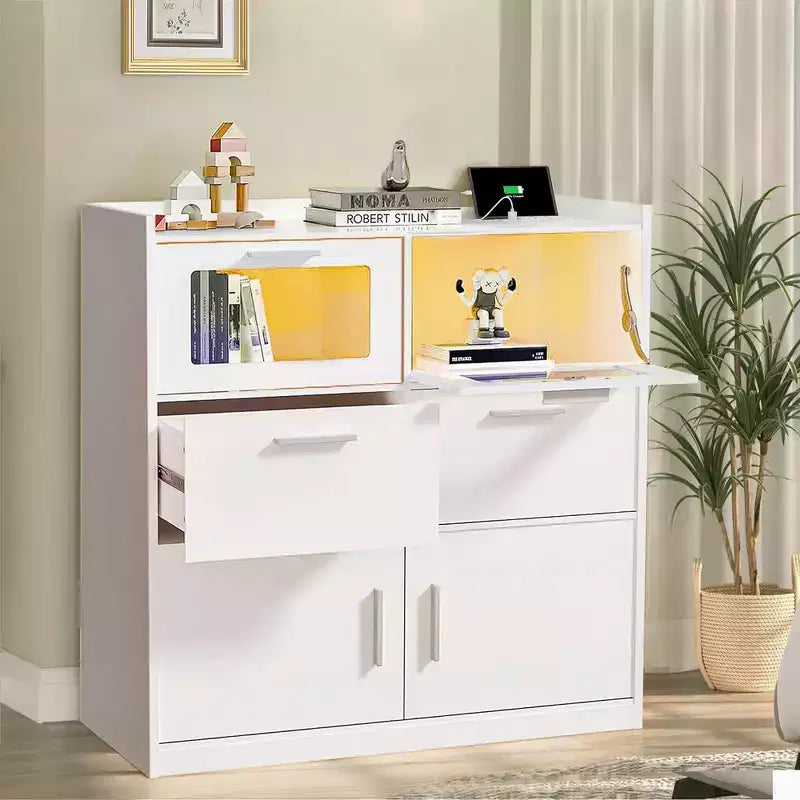 White Dresser with LED Lights & Charging Station