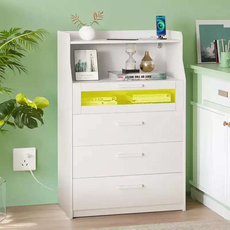 White Dresser with LED Lights & Charging Station