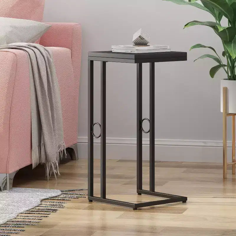 Modern C-Shaped Side Table with Iron Frame and MDF Top