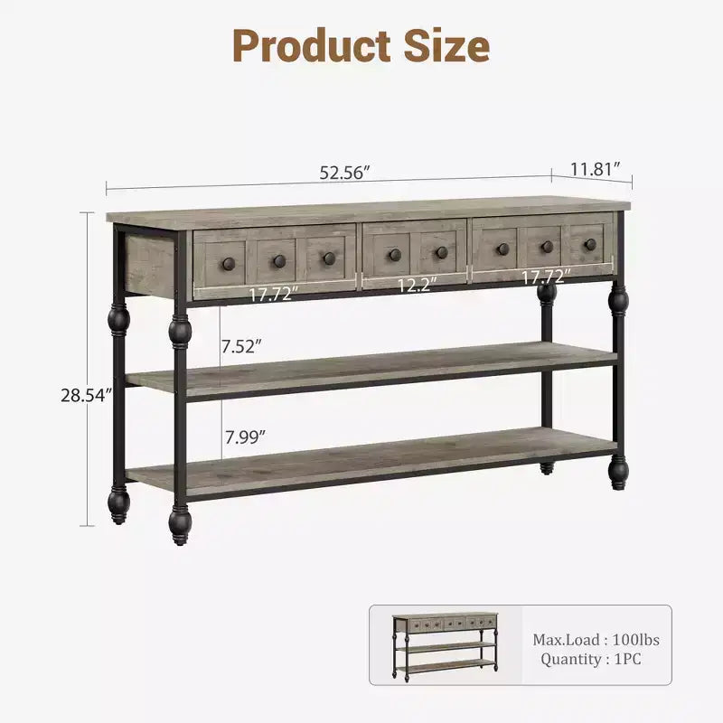 52-Inch Console Table with 3 Drawers and Open Shelves