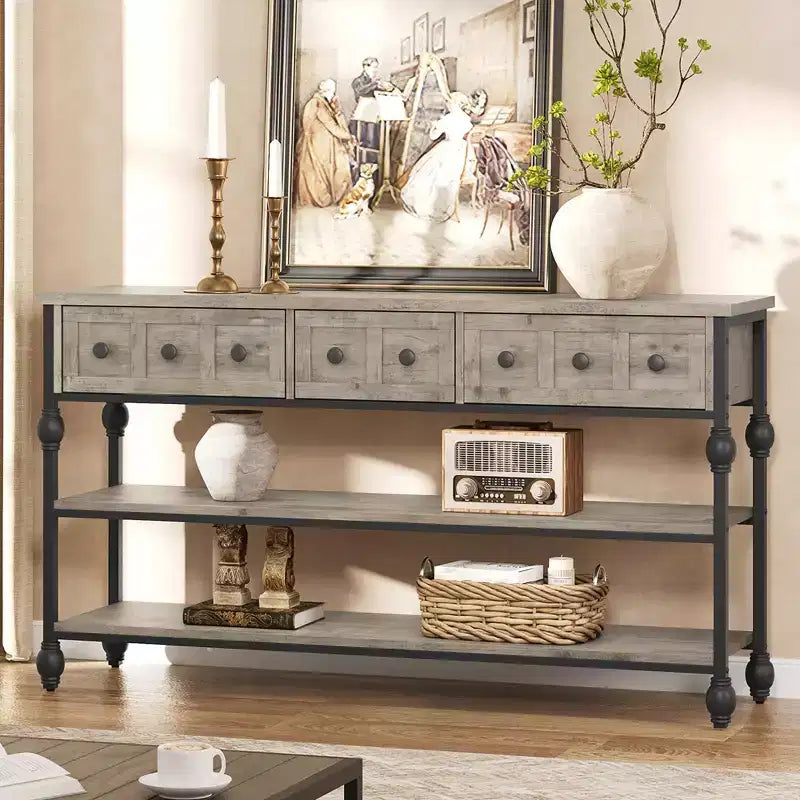 52-Inch Console Table with 3 Drawers and Open Shelves