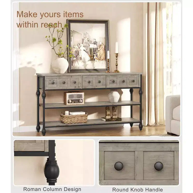 52-Inch Console Table with 3 Drawers and Open Shelves