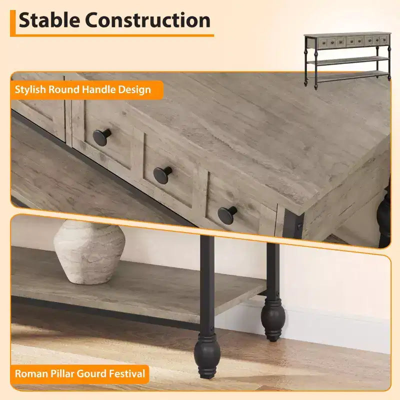 52-Inch Console Table with 3 Drawers and Open Shelves