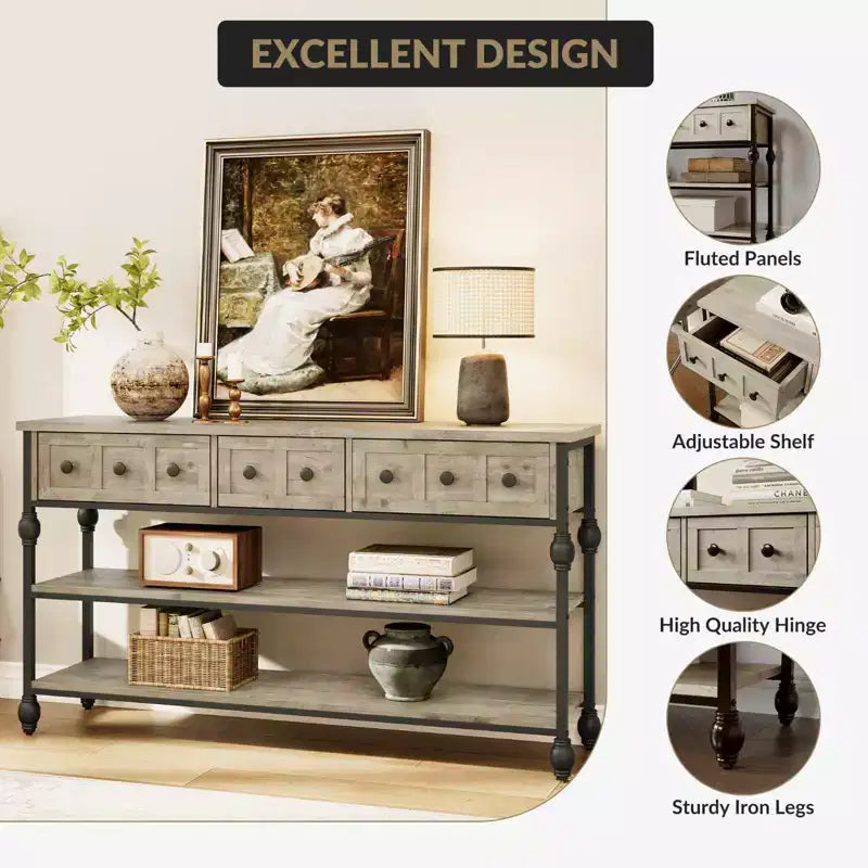 52-Inch Console Table with 3 Drawers and Open Shelves