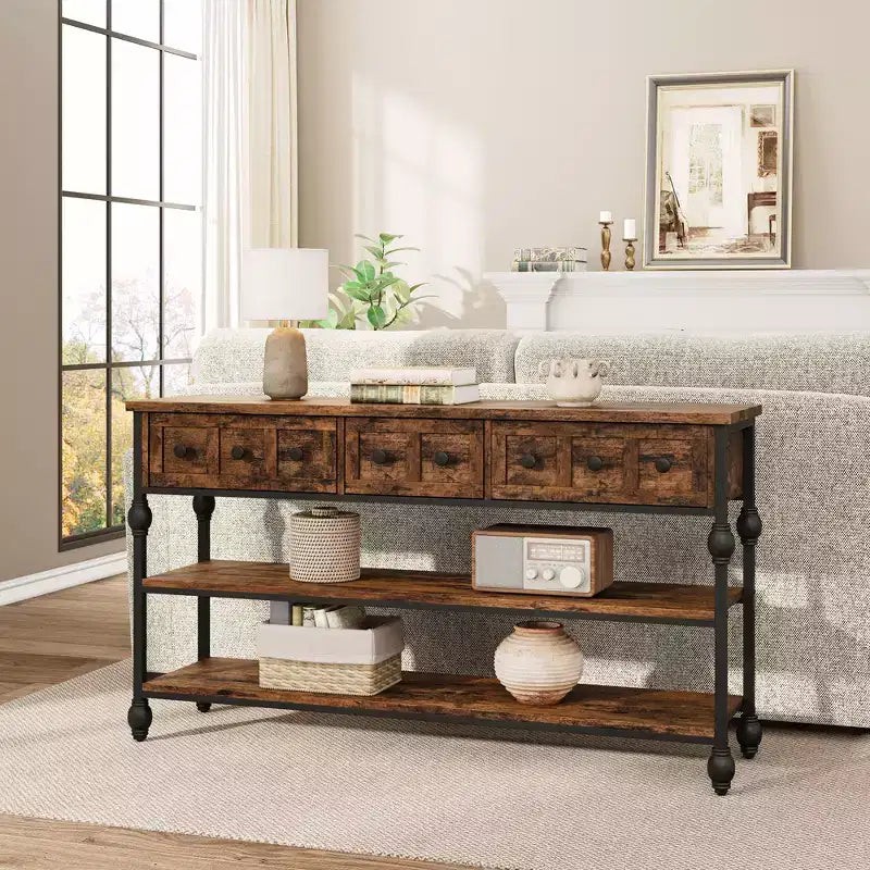 52-Inch Console Table with 3 Drawers and Open Shelves