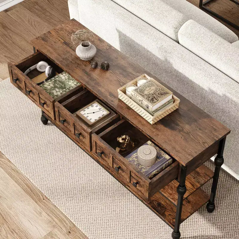 52-Inch Console Table with 3 Drawers and Open Shelves
