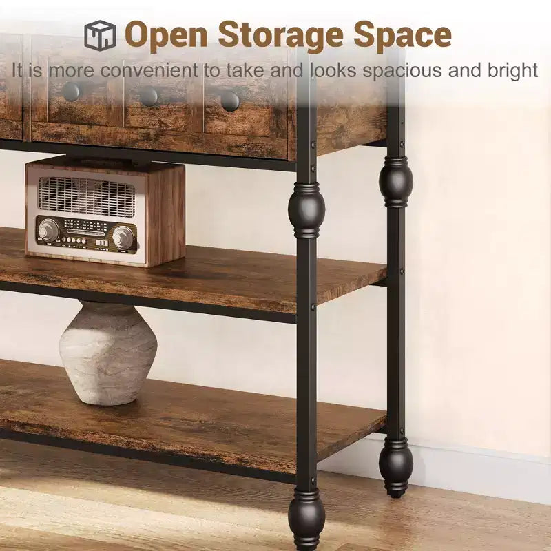 52-Inch Console Table with 3 Drawers and Open Shelves