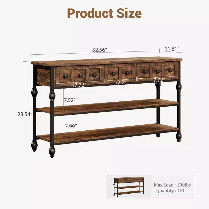 52-Inch Console Table with 3 Drawers and Open Shelves