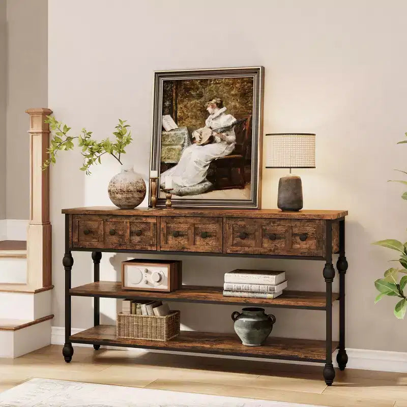 52-Inch Console Table with 3 Drawers and Open Shelves