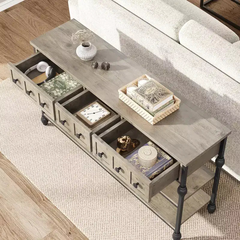 52-Inch Console Table with 3 Drawers and Open Shelves