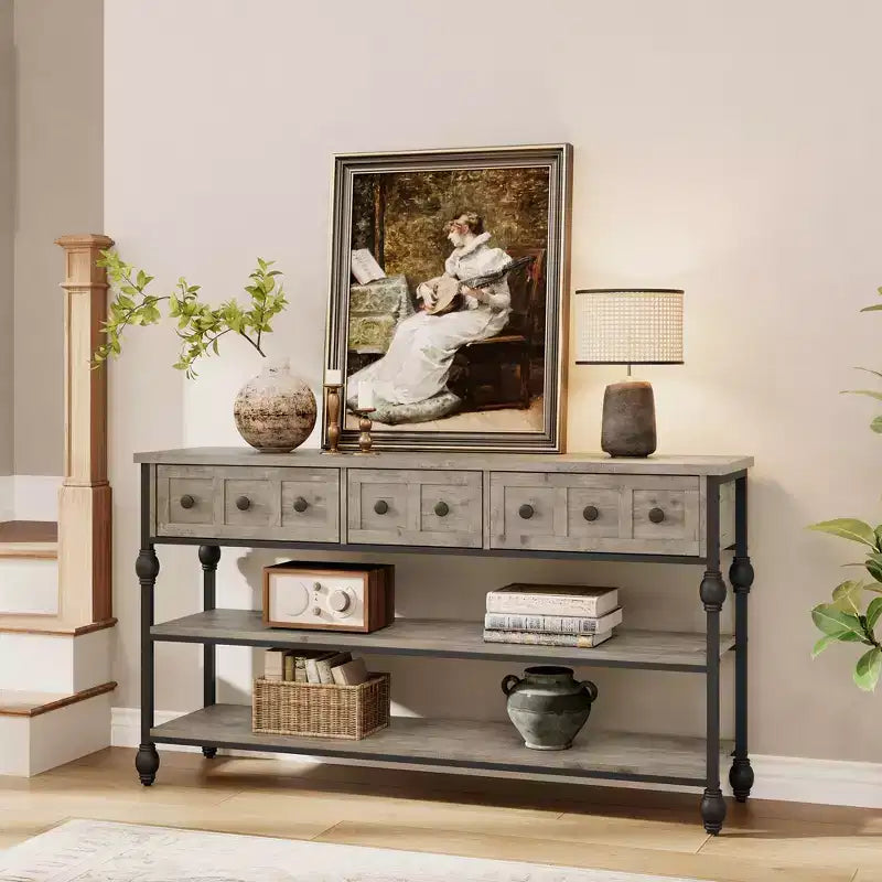 52-Inch Console Table with 3 Drawers and Open Shelves