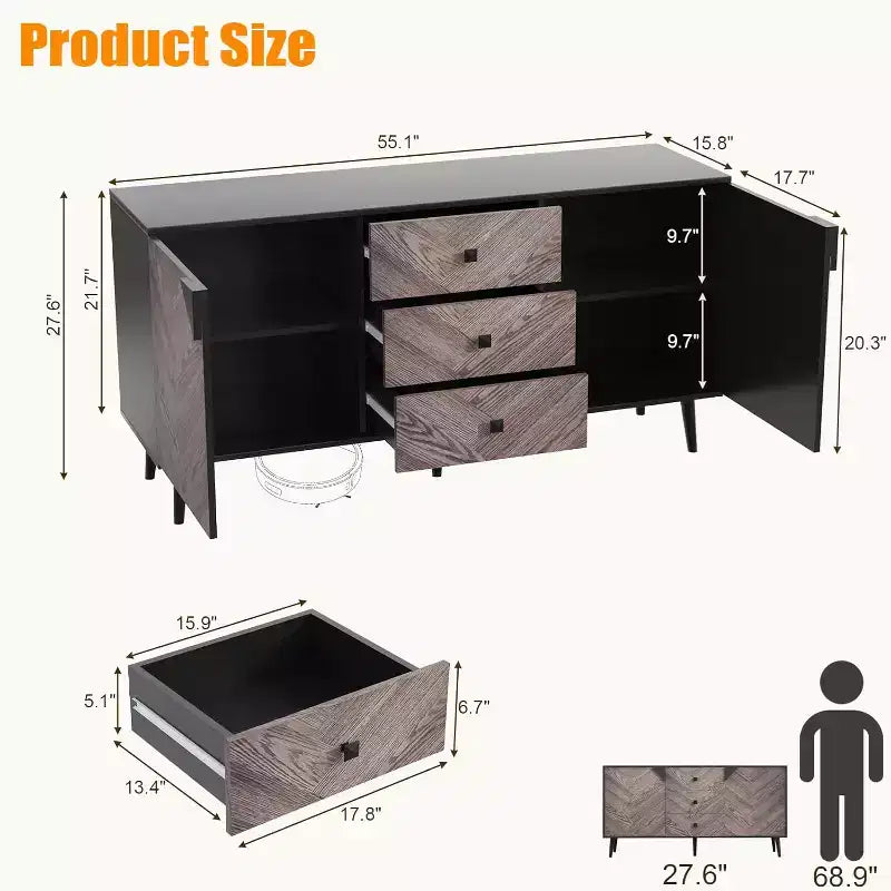 55.1" 3-Drawer Sideboard Cabinet with Adjustable Shelf and Doors
