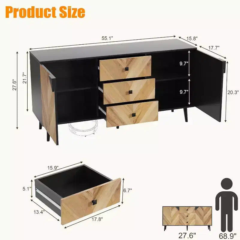 55.1" 3-Drawer Sideboard Cabinet with Adjustable Shelf and Doors