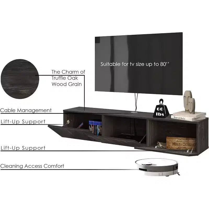 Floating TV Stand Wall Mount for Large TVs up to 80 Inch, Black