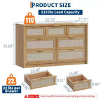 7-Drawer Rattan Dresser, 52 W, Chest of Drawers with Metal Handles