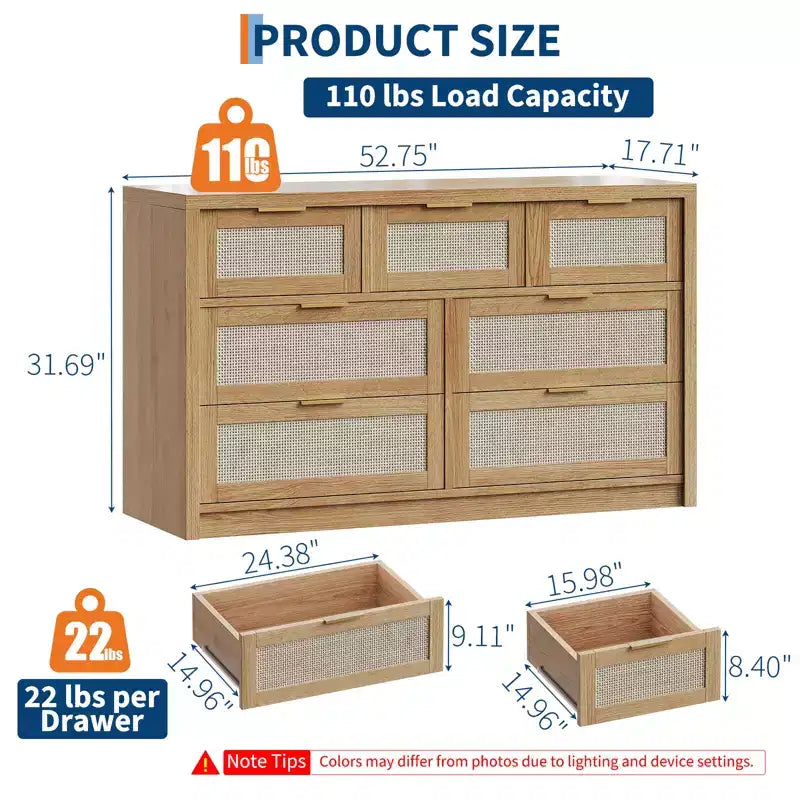 7-Drawer Rattan Dresser, 52 W, Chest of Drawers with Metal Handles