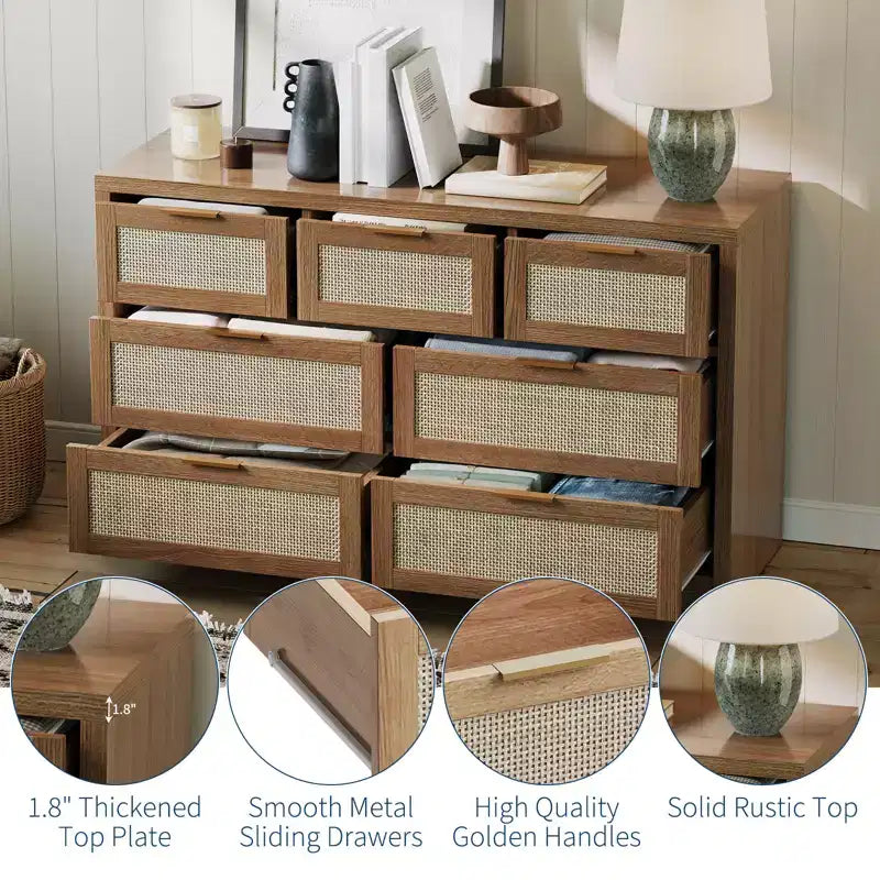 7-Drawer Rattan Dresser, 52 W, Chest of Drawers with Metal Handles