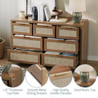 7-Drawer Rattan Dresser, 52 W, Chest of Drawers with Metal Handles
