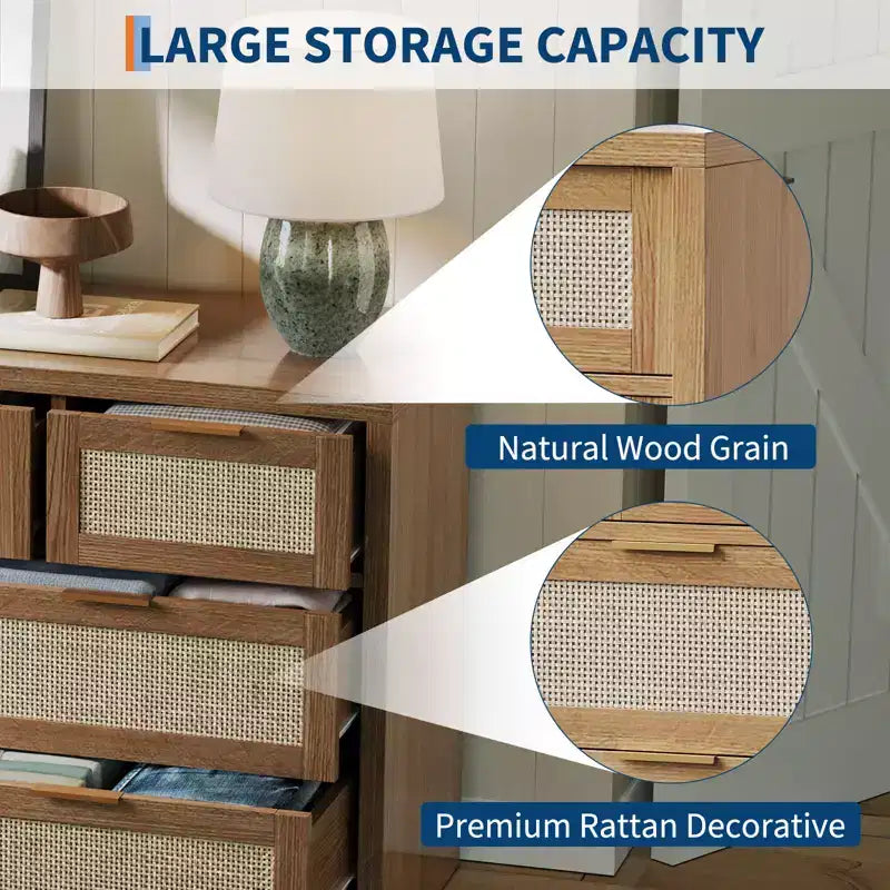 7-Drawer Rattan Dresser, 52 W, Chest of Drawers with Metal Handles