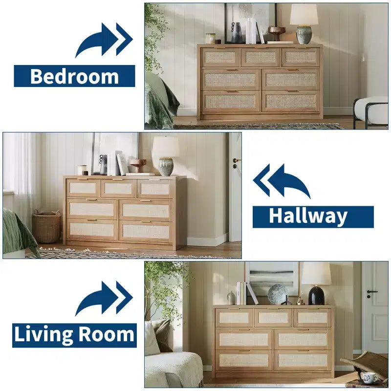 7-Drawer Rattan Dresser, 52 W, Chest of Drawers with Metal Handles