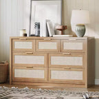 7-Drawer Rattan Dresser, 52 W, Chest of Drawers with Metal Handles